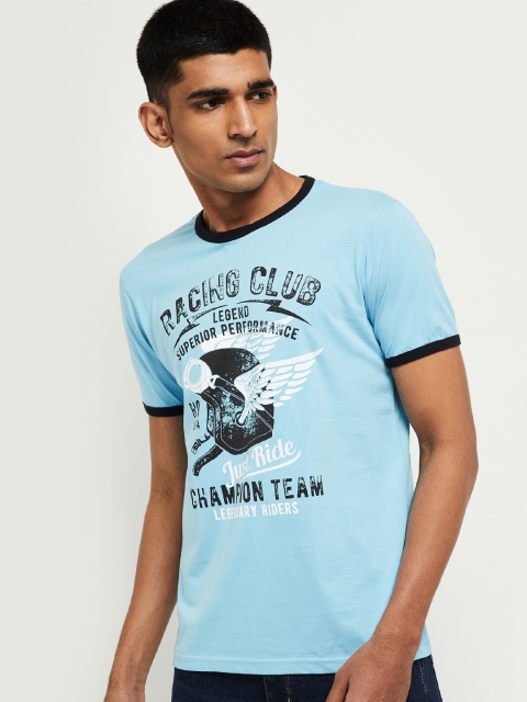 max Men Blue Black Printed V-Neck Pure Cotton T-shirt