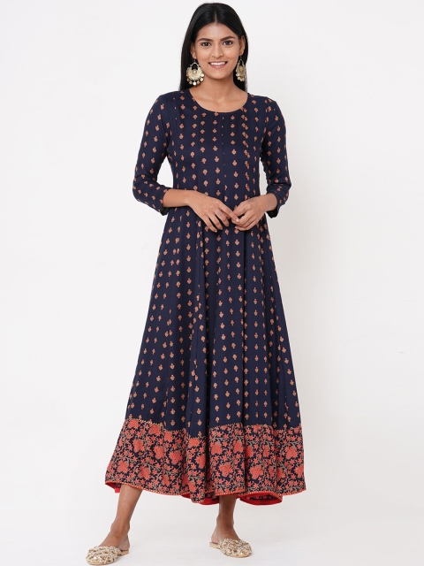 FASHOR Women Navy Blue Printed A-Line Dress