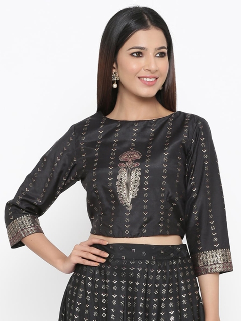Juniper Women Black Shantoon Foil Print Saree Blouse