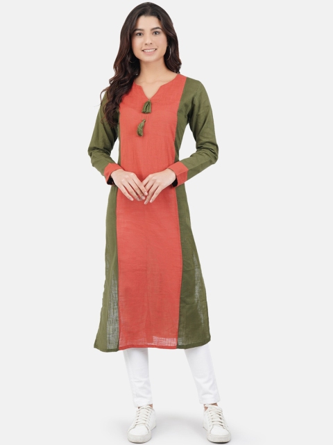 Brown & Green V-Neck Full Sleeves Stylish Solid Kurti for Women