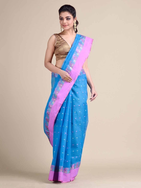 Mitera Blue Pure Cotton Printed Taant Saree