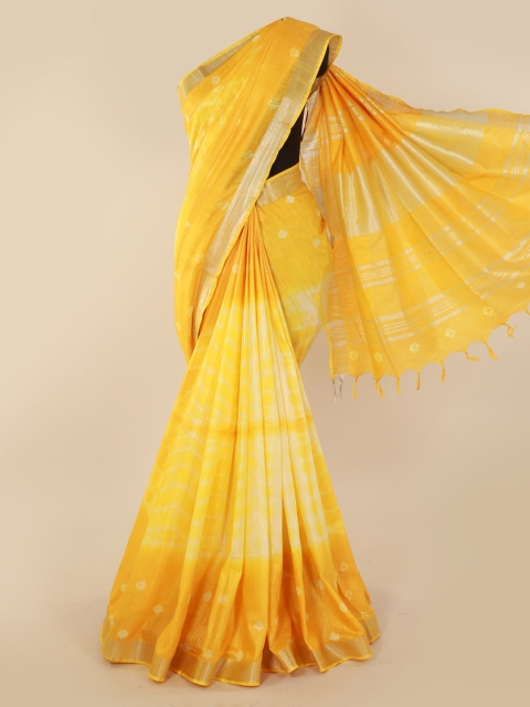 Pothys Yellow Printed Linen Blend Saree with Zari Border