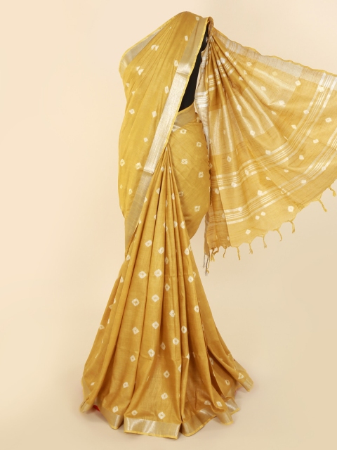 Pothys Mustard Shibori Printed Dyed Linen Blend Saree