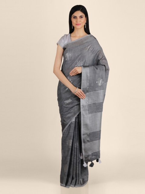 KAJREE Grey Pure Linen Printed Khadi Saree