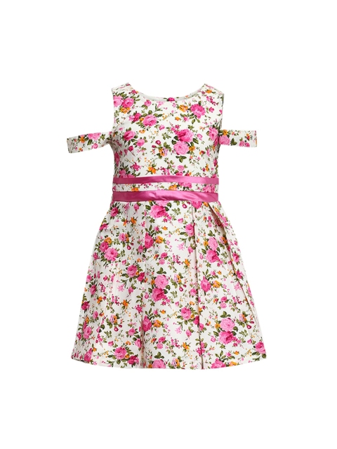 Aarika Girls White & Pink Floral Printed Fit and Flare Dress