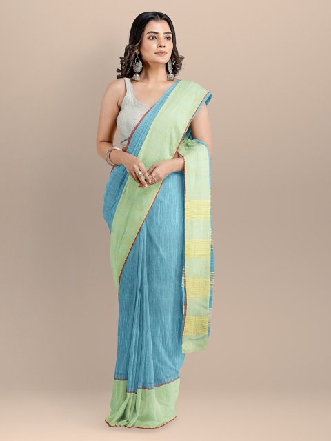 BharatSthali Blue & Green Silk Cotton Solid Mangalagiri Saree