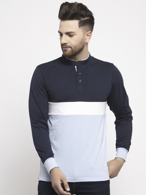 Kalt Men Blue Colourblocked Mandarin Collar T-shirt
