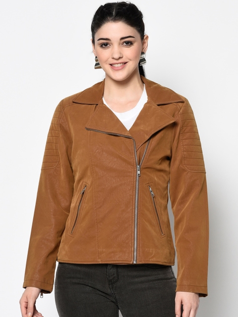Trufit Women Tan Brown Solid Open Front Jacket