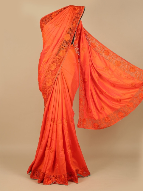 Pothys Orange Embroidered Art Silk Saree