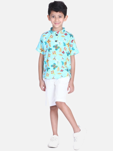 Cutiekins Boys Turquoise Blue & White Printed T-Shirt With Shorts