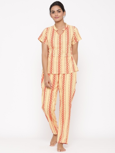 WomenMagic Women Beige & Red Ethnic Printed Night Suit