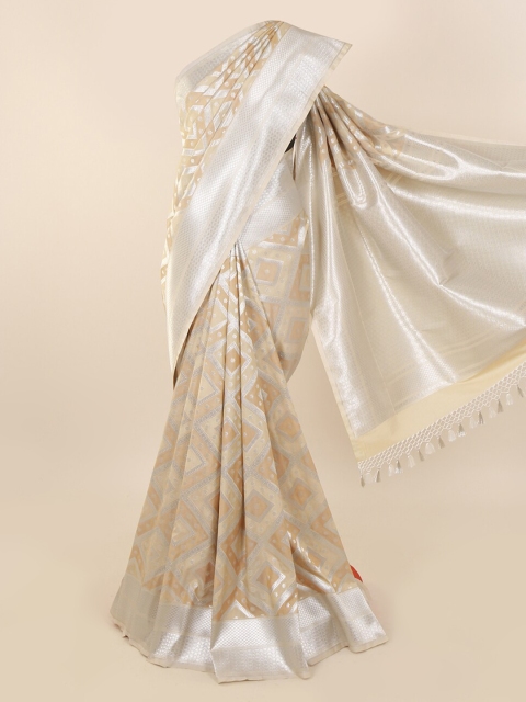 Pothys Cream-Coloured & Silver-Toned Pure Silk Woven Design Banarasi Saree