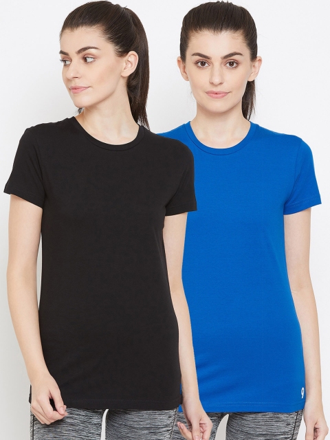 C9 AIRWEAR Women Pack Of 2 Blue Black Solid Cotton Round Neck Pure Cotton T-shirt
