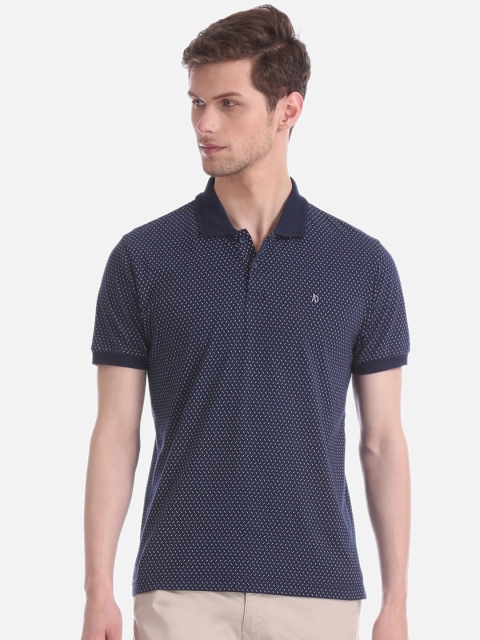 AD By Arvind Men Navy Blue Printed Polo Collar Pure Cotton T-shirt