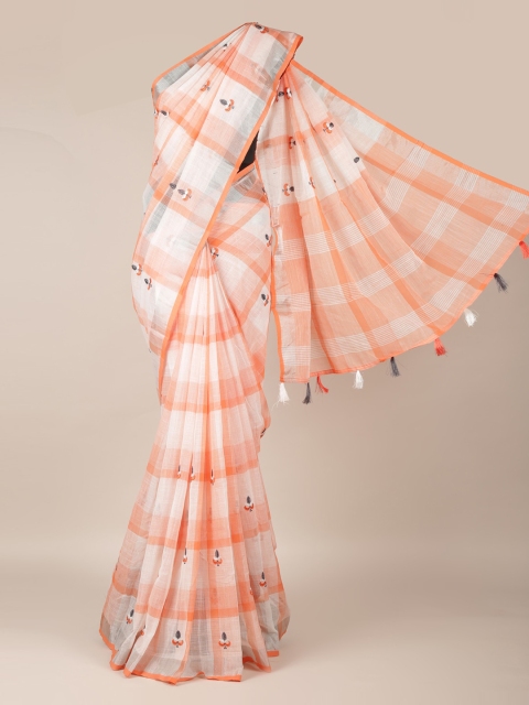 Pothys Orange & White Linen Blend Checked Saree