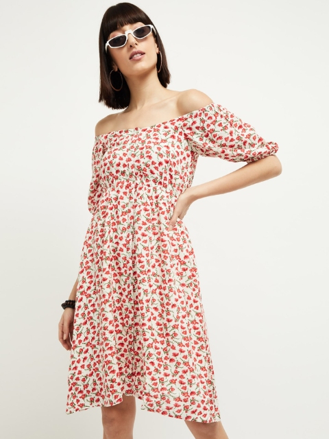 max Women Cream-Coloured Printed Fit and Flare Dress