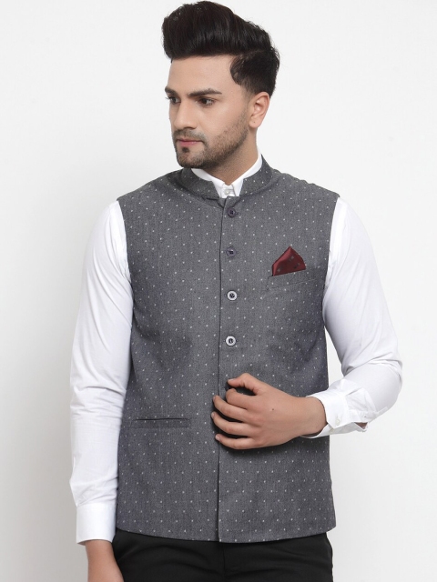 NEUDIS Men Grey Woven Design Woolen Nehru Jacket