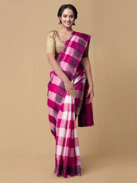 Unnati Silks Pink & White Pure Cotton Checked Chettinad Saree