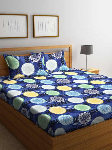 NEUDIS By Dhrohar Navy Blue & White Printed Double King Bedsheet With 2 Pillow Covers