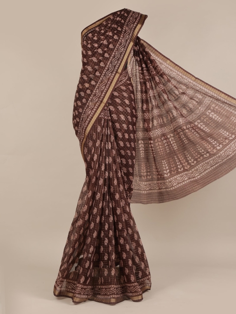 Pothys Brown Printed Jute Silk Saree
