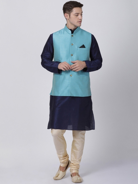 TABARD Men Navy Blue Solid Kurta with Churidar and Jacket