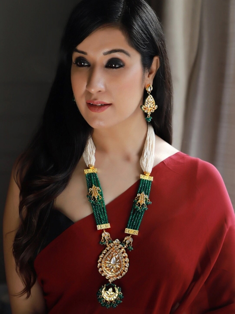 Rubans Gold-Plated White & Green Crystal Studded Handcrafted Jewellery Set