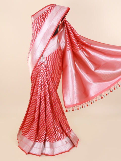 Pothys Coral Pure Silk Striped Banarasi Saree with Jhalar Pallu