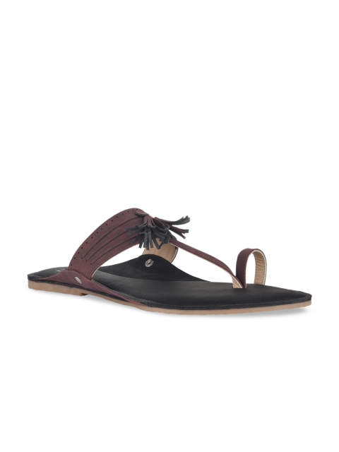 SKO Men Maroon & Black Leather Kolhapuris Comfort Sandals