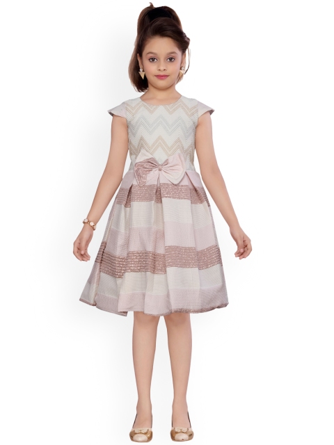 Aarika Girls Pink Self Design Silk Fit and Flare Dress