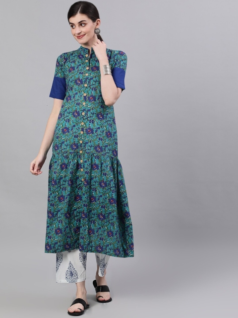 Nayo Women Blue & Green Printed Kurta with Palazzos
