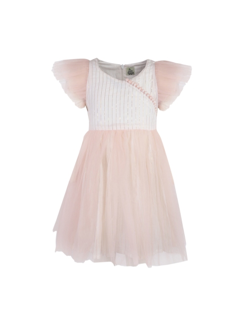 A Little Fable Girls Peach-Coloured Self Design Fit and Flare Dress