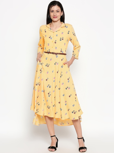 People Women Mustard Printed A-Line Dress