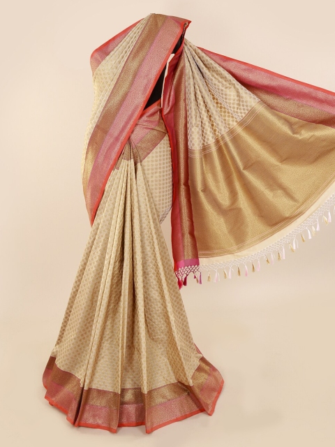 Pothys Cream-Coloured & Pink Pure Silk Woven Design Banarasi Saree