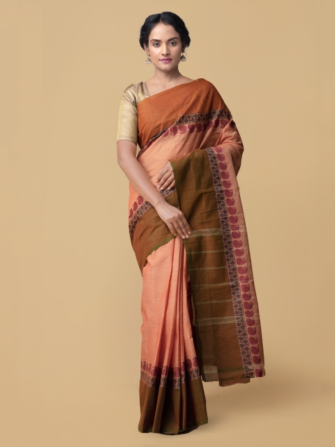 Unnati Silks Peach-Coloured Checked Kanjeevaram Saree