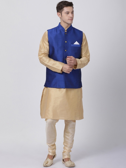 TABARD Men Beige & Blue Solid Kurta with Churidar & Nehru Jacket
