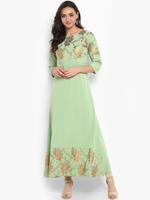 Janasya Women Green Printed Anarkali Kurta