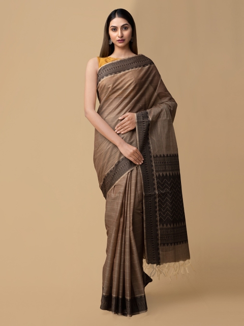Unnati Silks Brown Pure Cotton Striped Mysore Silk Handloom Saree