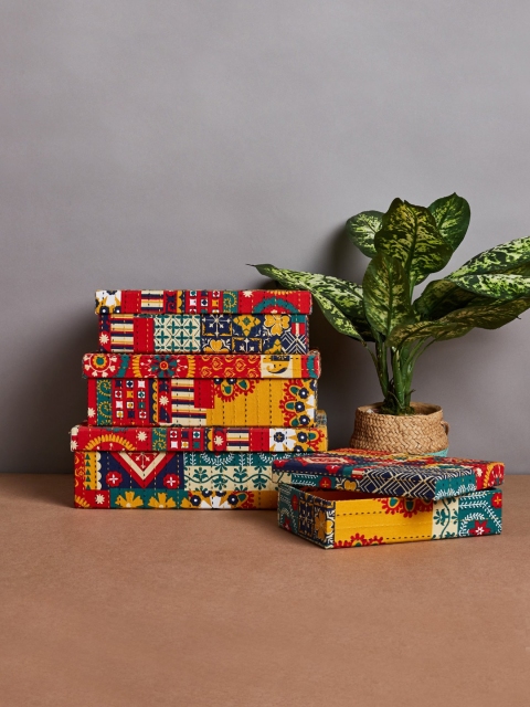 Chumbak Set Of 4 Yellow & Red Floral Swirls Storage Box