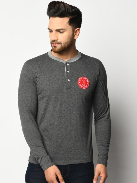 ELEGANCE Men Charcoal Grey Solid Henley Neck T-shirt