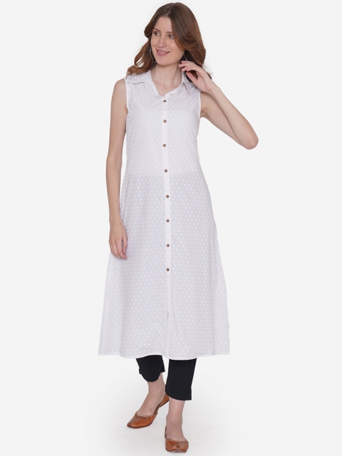 Vedic Women White Embroidered A-Line Kurta