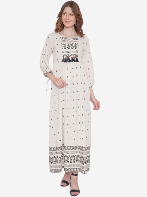 Vedic Women Off-White & Black Woven Design A-Line Kurta