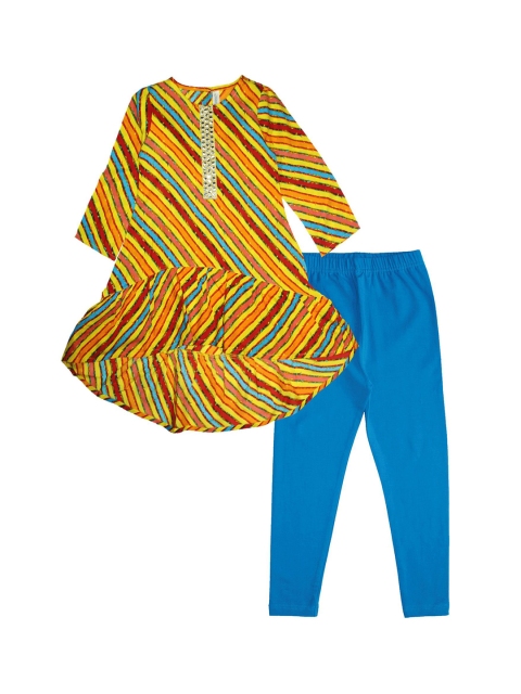 KiddoPanti Girls Yellow & Blue Striped Kurta with Churidar