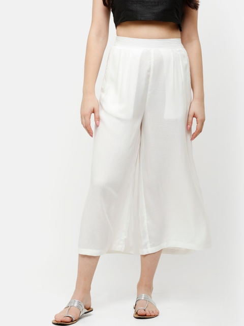 De Moza Women Off-White Solid Cropped Wide Leg Palazzos