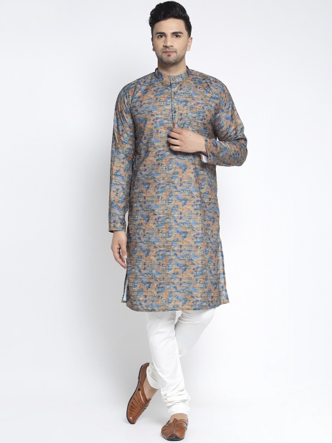 Benstoke Men Brown & White Printed Kurta with Churidar