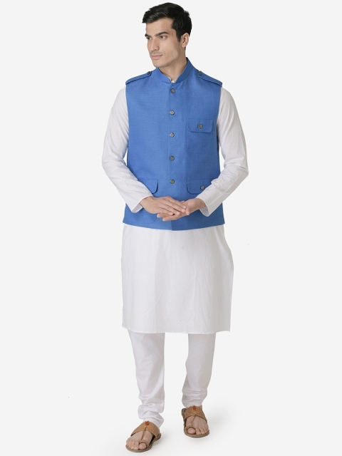 TABARD Men White & Blue Solid Kurta with Pyjamas & Nehru Jacket