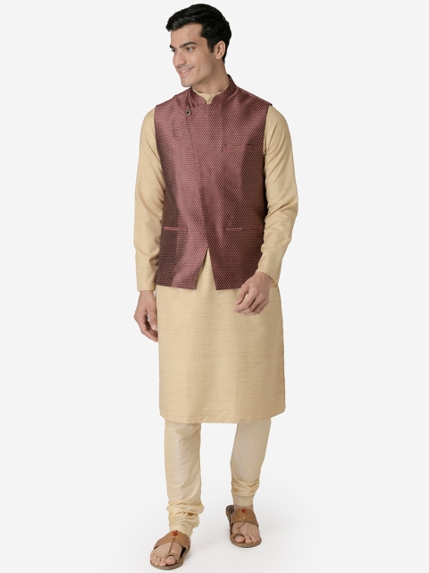 TABARD Men Beige & Maroon Solid Kurta with Churidar & Nehru Jacket