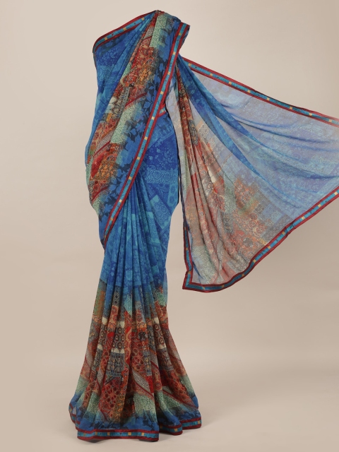 Pothys Blue Printed Poly Chiffon Saree
