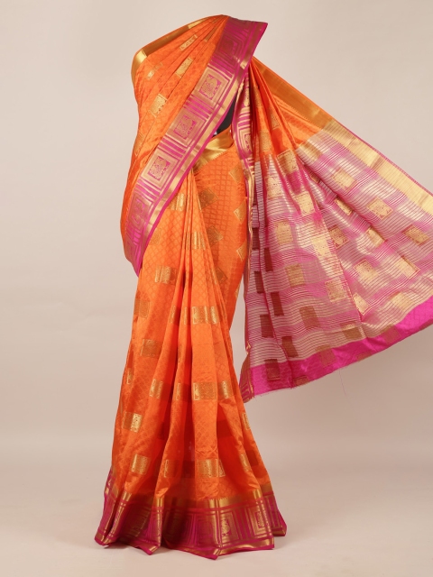 Pothys Orange & Gold-Toned Jute Silk Woven Design Saree