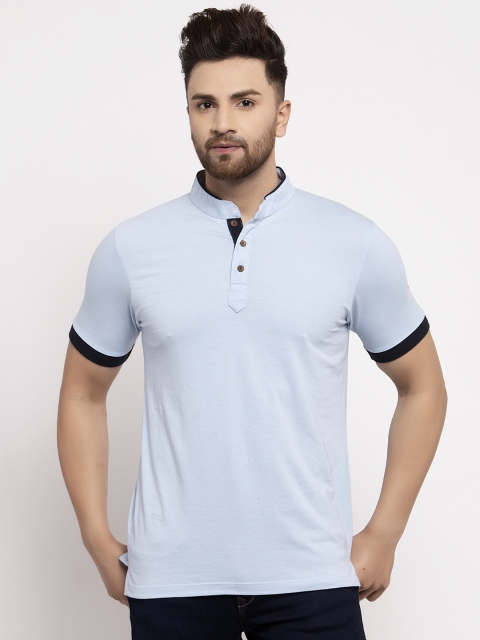 Kalt Men Blue Solid Mandarin Collar T-shirt