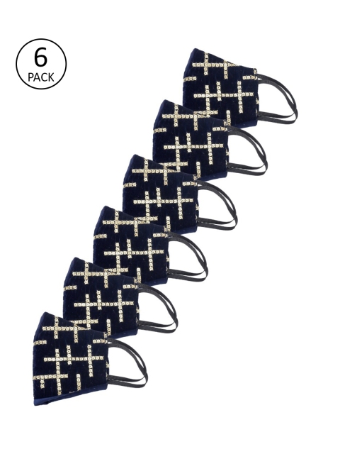 Bellofox Unisex Pack Of 6 Blue & Gold-Coloured 3-Ply Embellished Face Masks